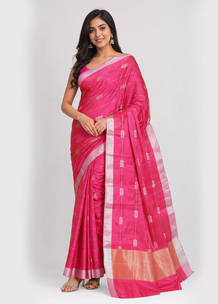 Pink Handloom Chanderi Pure Silk Saree With Blouse Piece
