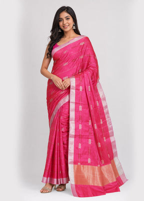Pink Handloom Chanderi Pure Silk Saree With Blouse Piece