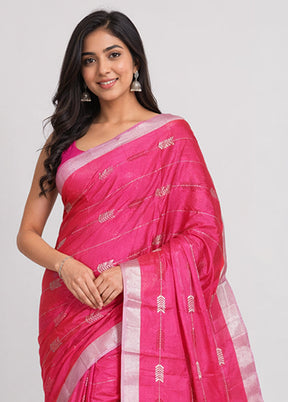 Pink Handloom Chanderi Pure Silk Saree With Blouse Piece