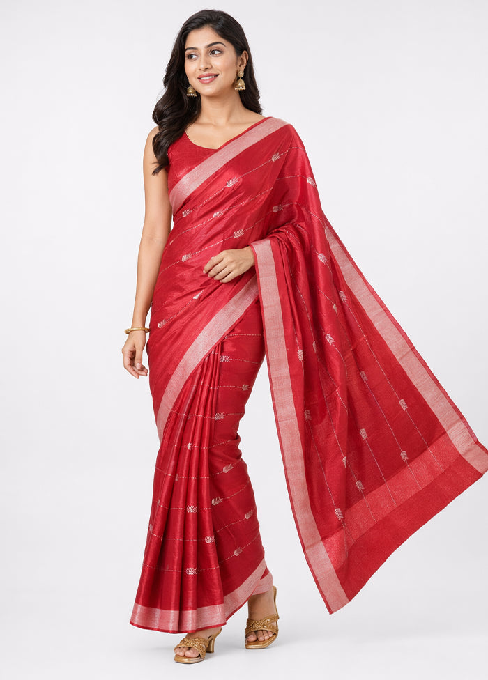 Red Handloom Chanderi Pure Silk Saree With Blouse Piece