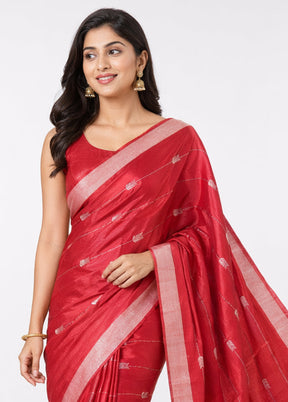 Red Handloom Chanderi Pure Silk Saree With Blouse Piece