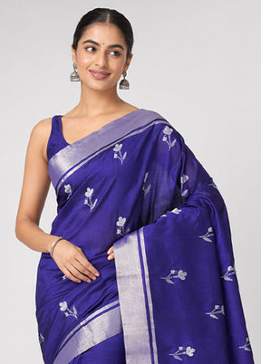 Blue Handloom Chanderi Pure Silk Saree With Blouse Piece