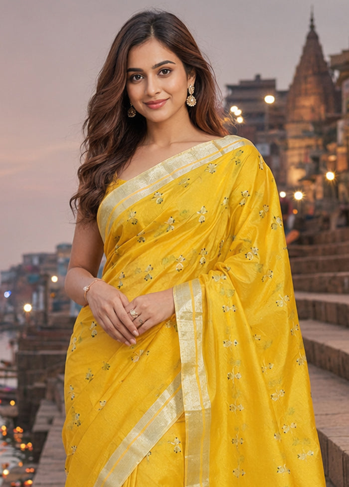Yellow Handloom Chanderi Pure Silk Saree With Blouse Piece