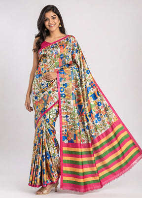 Cream Printed Pure Silk Saree Without Blouse Piece