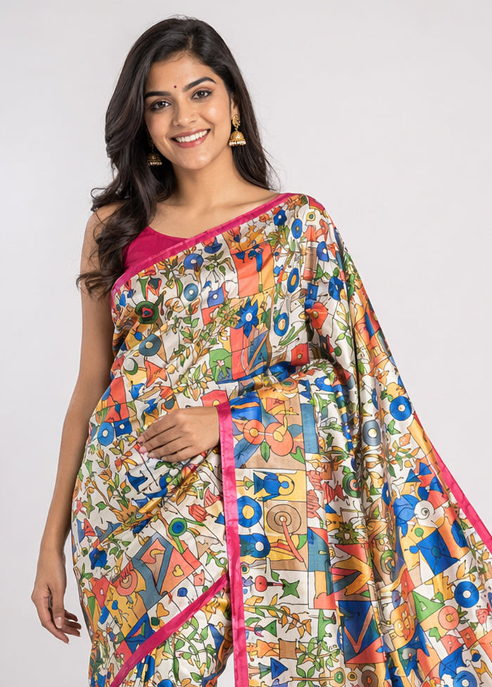 Cream Printed Pure Silk Saree Without Blouse Piece