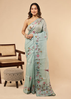 Green Handloom Pure Cotton Saree With Blouse Piece