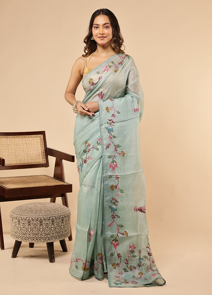 Green Handloom Pure Cotton Saree With Blouse Piece