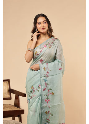 Green Handloom Pure Cotton Saree With Blouse Piece