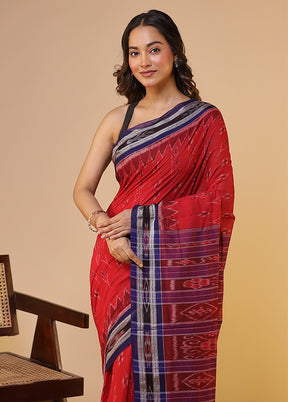 Red Bomkai Silk Saree Without Blouse Piece