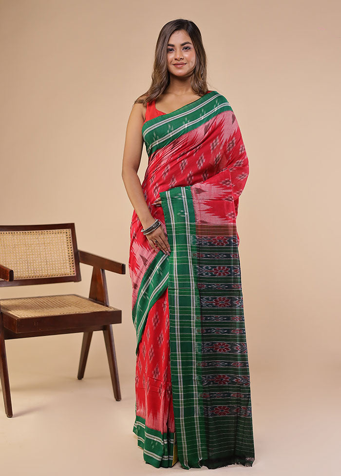 Red Bomkai Silk Saree Without Blouse Piece