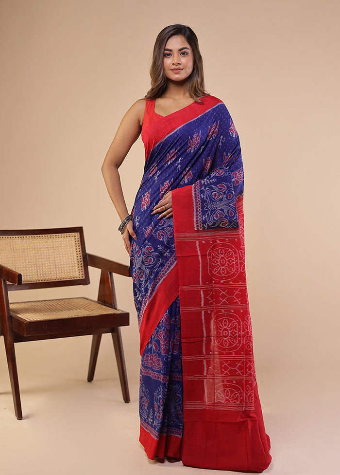 Blue Handloom Bomkai Pure Silk Saree With Blouse Piece