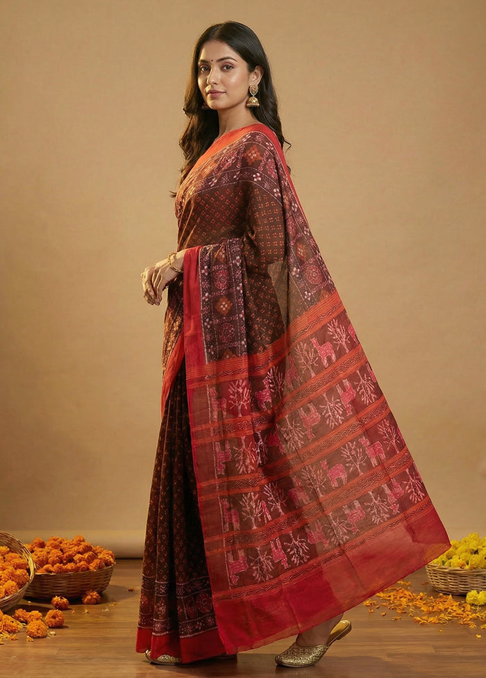 Brown Handloom Bomkai Pure Silk Saree With Blouse Piece