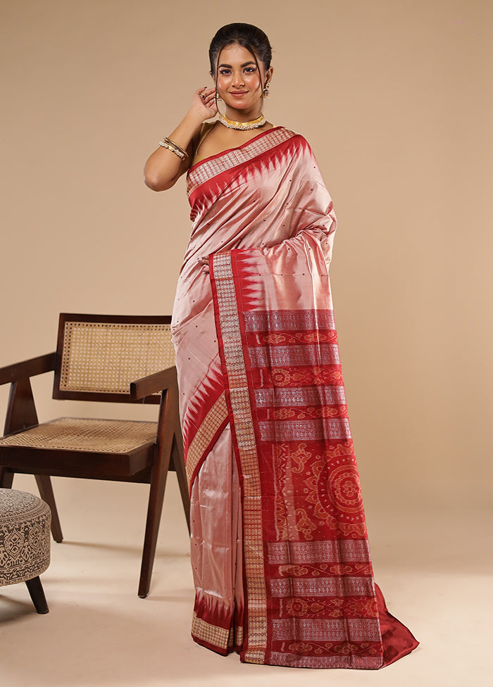 Pink Handloom Bomkai Pure Silk Saree With Blouse Piece