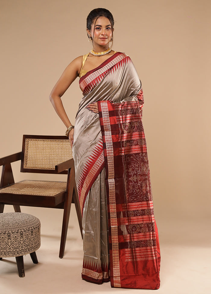 Grey Handloom Bomkai Pure Silk Saree With Blouse Piece