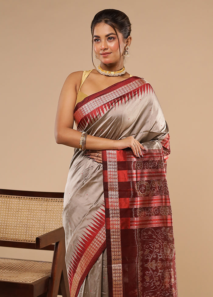Grey Handloom Bomkai Pure Silk Saree With Blouse Piece