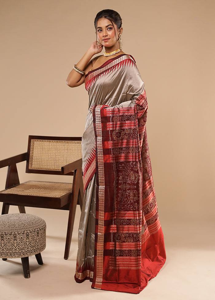 Grey Handloom Bomkai Pure Silk Saree With Blouse Piece
