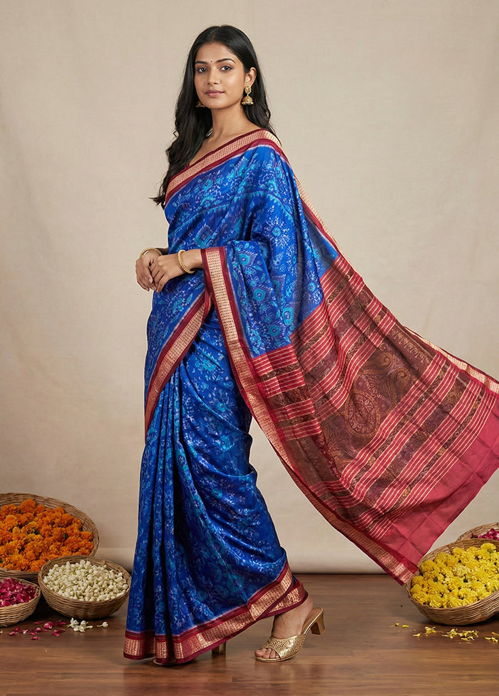 Blue Handloom Bomkai Pure Silk Saree With Blouse Piece