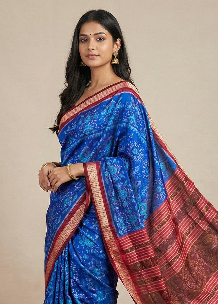 Blue Handloom Bomkai Pure Silk Saree With Blouse Piece