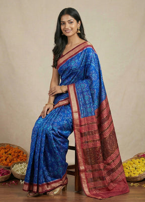 Blue Handloom Bomkai Pure Silk Saree With Blouse Piece