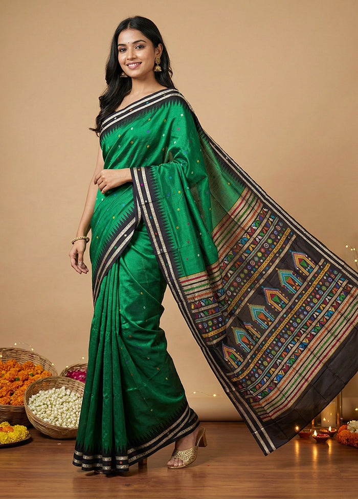 Green Handloom Bomkai Pure Silk Saree With Blouse Piece