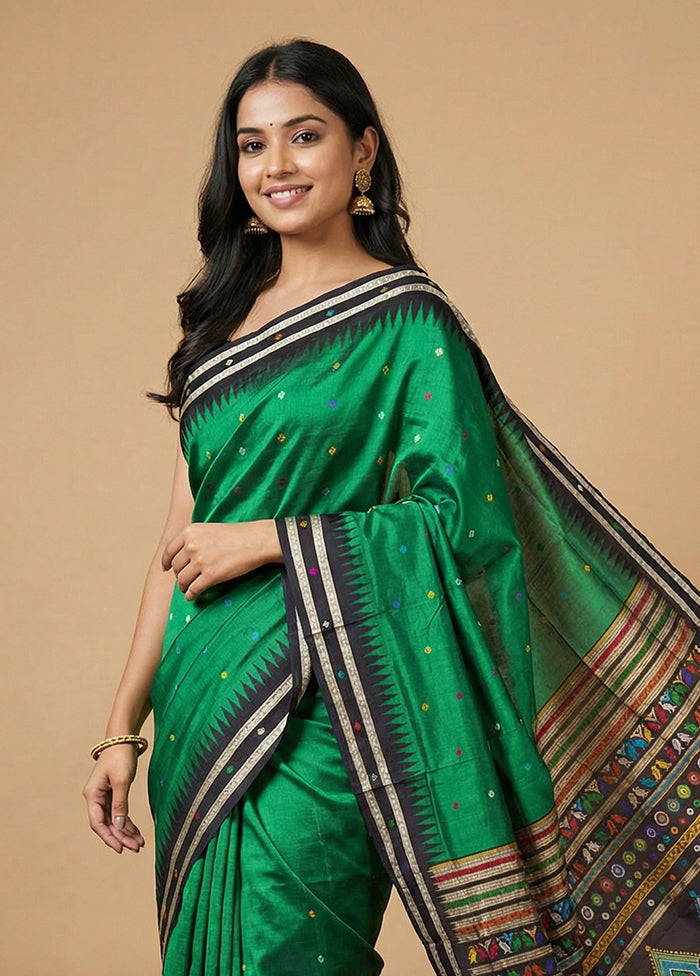 Green Handloom Bomkai Pure Silk Saree With Blouse Piece