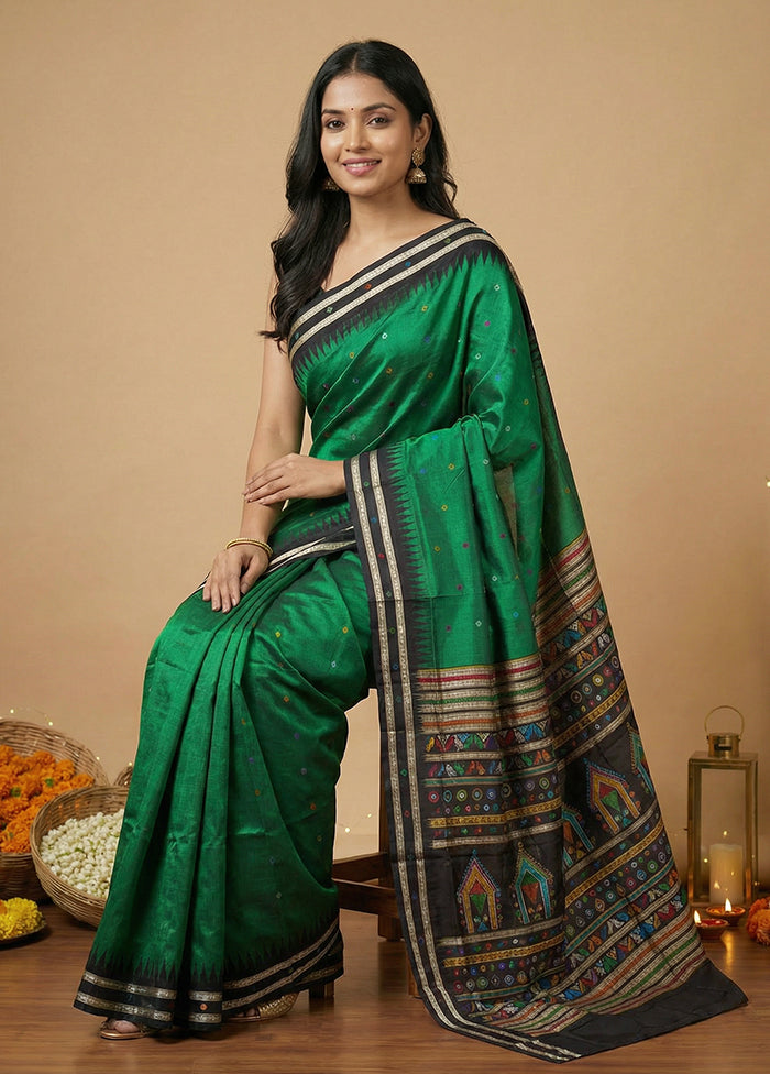 Green Handloom Bomkai Pure Silk Saree With Blouse Piece