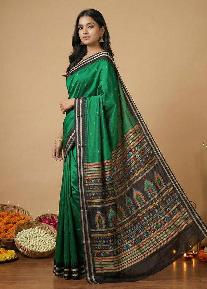 Green Handloom Bomkai Pure Silk Saree With Blouse Piece