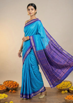 Blue Handloom Bomkai Pure Silk Saree With Blouse Piece