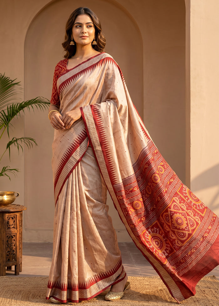 Cream Handloom Bomkai Pure Silk Saree With Blouse Piece