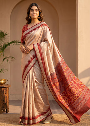 Cream Handloom Bomkai Pure Silk Saree With Blouse Piece