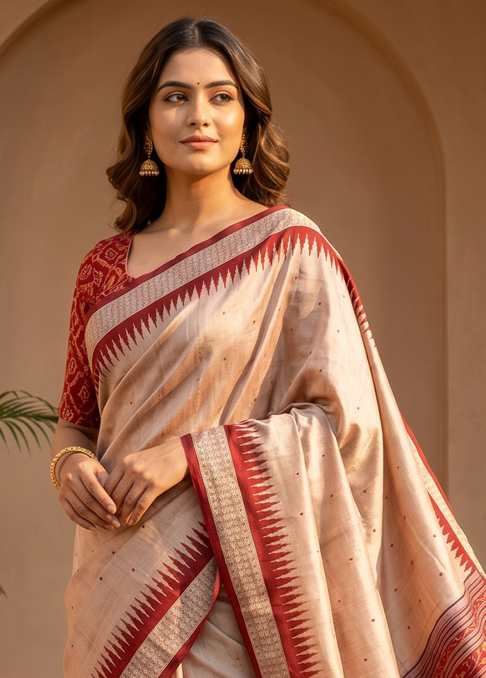 Cream Handloom Bomkai Pure Silk Saree With Blouse Piece