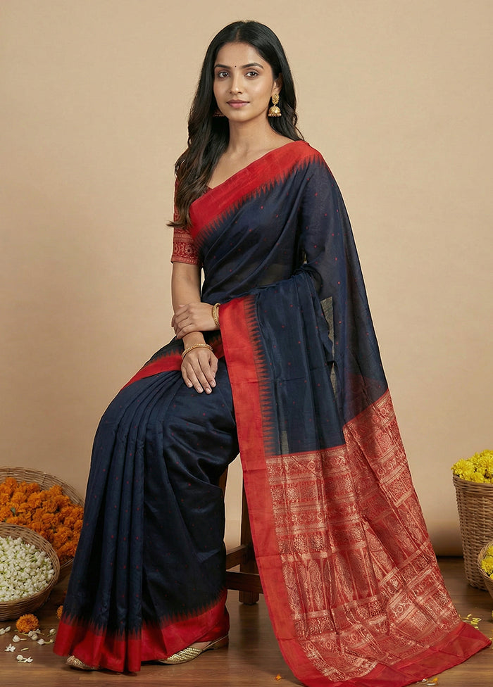 Black Handloom Bomkai Pure Silk Saree With Blouse Piece