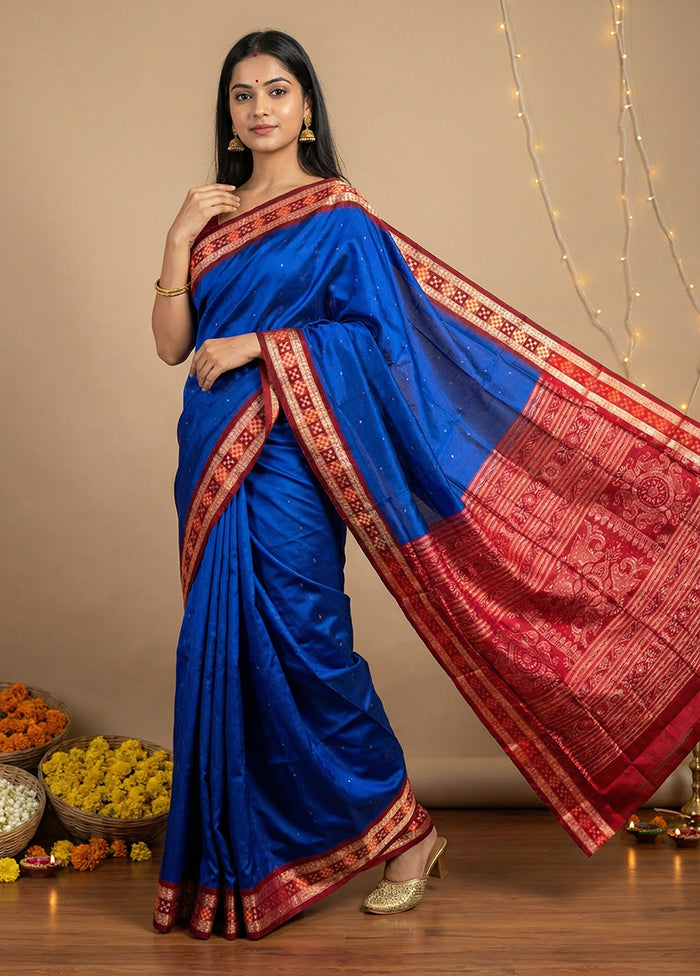 Blue Handloom Bomkai Pure Silk Saree With Blouse Piece