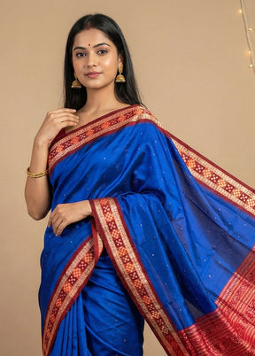 Blue Handloom Bomkai Pure Silk Saree With Blouse Piece
