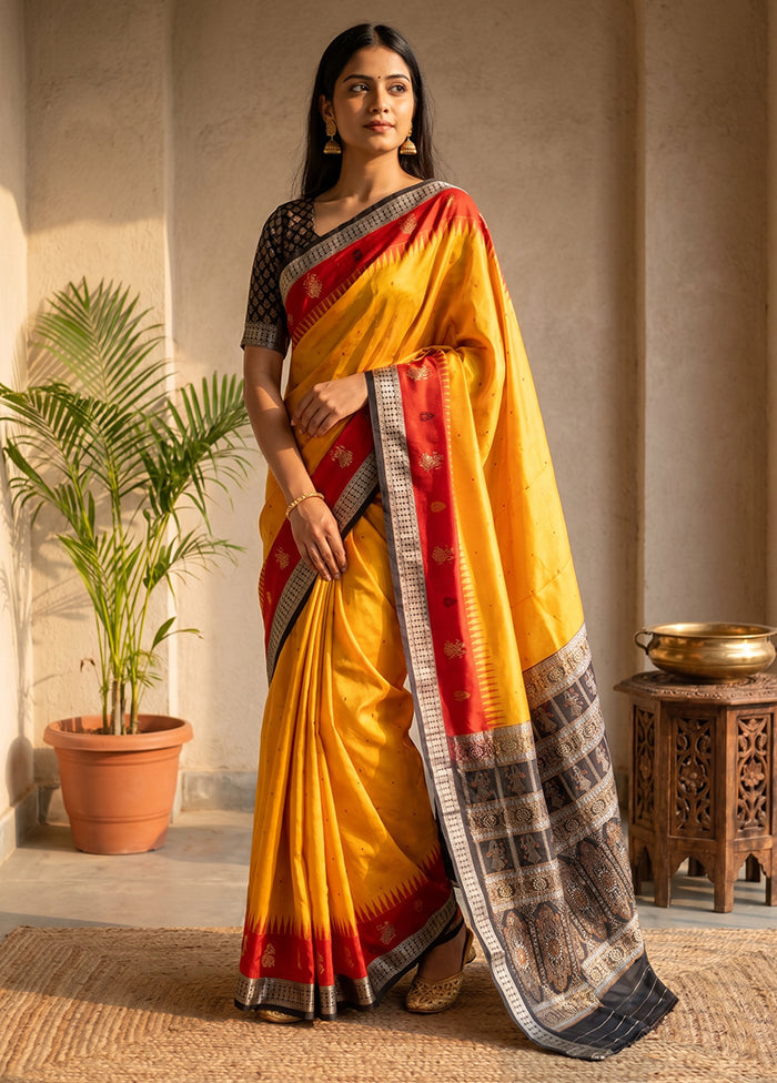 Yellow Handloom Bomkai Pure Silk Saree With Blouse Piece