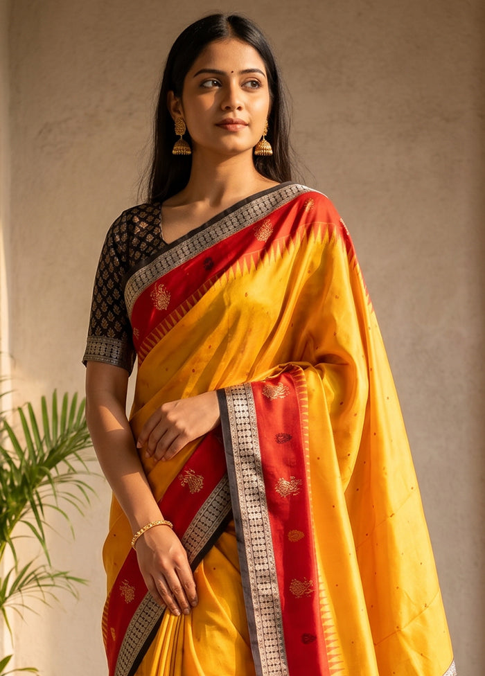 Yellow Handloom Bomkai Pure Silk Saree With Blouse Piece