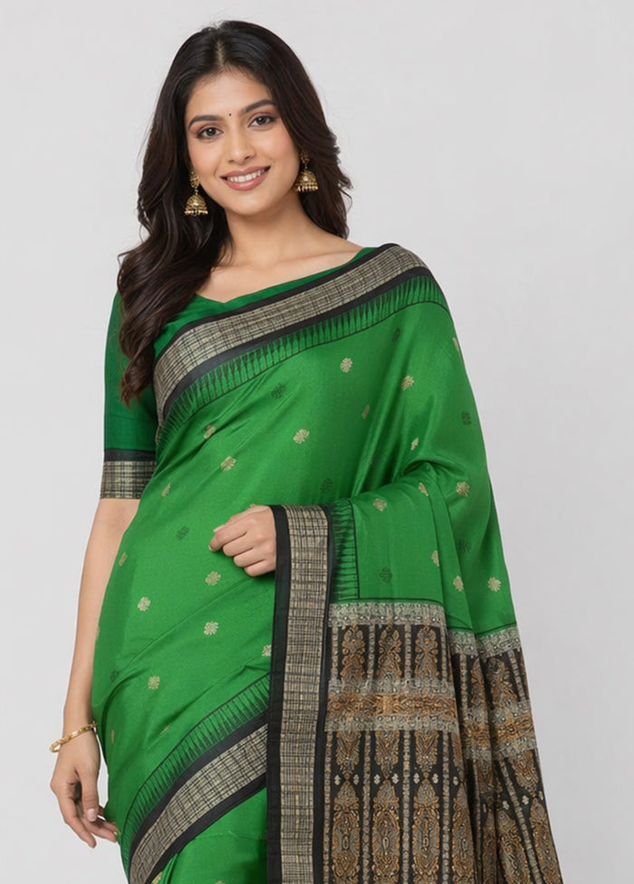 Green Handloom Bomkai Pure Silk Saree With Blouse Piece