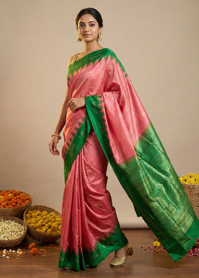Pink Handloom Bomkai Pure Silk Saree With Blouse Piece