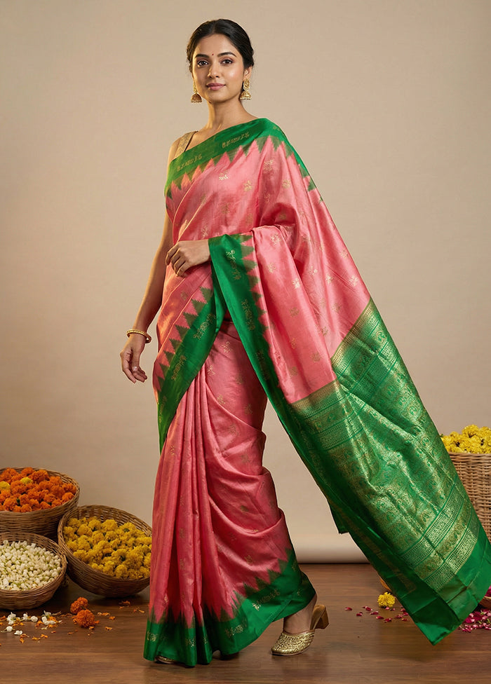 Pink Handloom Bomkai Pure Silk Saree With Blouse Piece