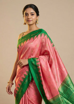 Pink Handloom Bomkai Pure Silk Saree With Blouse Piece