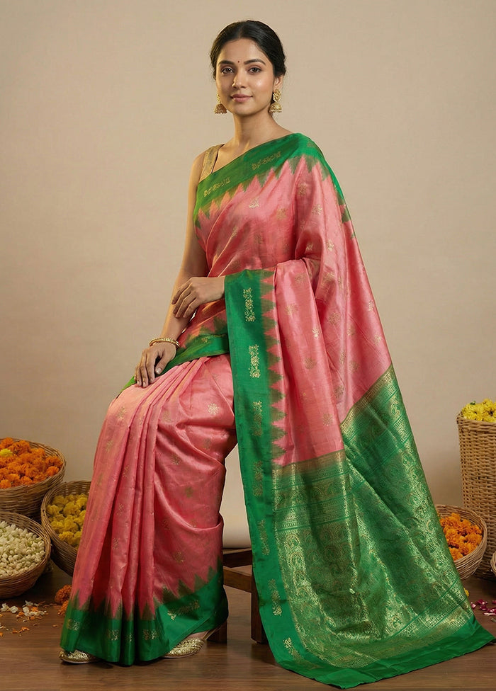 Pink Handloom Bomkai Pure Silk Saree With Blouse Piece