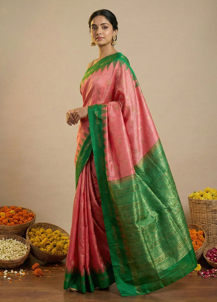 Pink Handloom Bomkai Pure Silk Saree With Blouse Piece