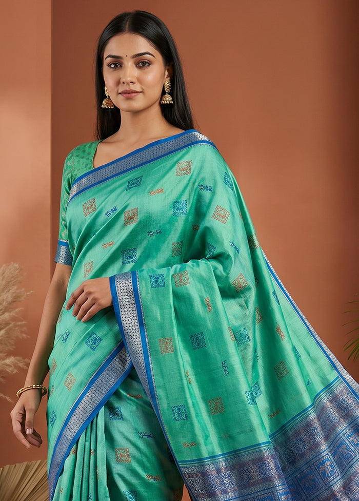 Green Handloom Bomkai Pure Silk Saree With Blouse Piece