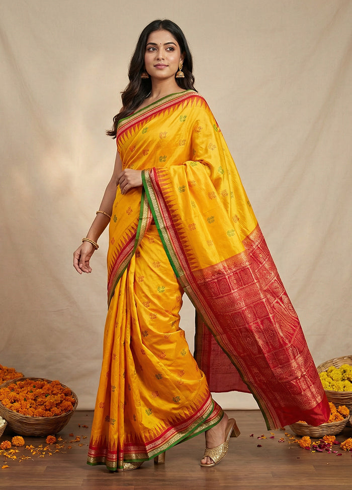 Yellow Handloom Bomkai Pure Silk Saree With Blouse Piece