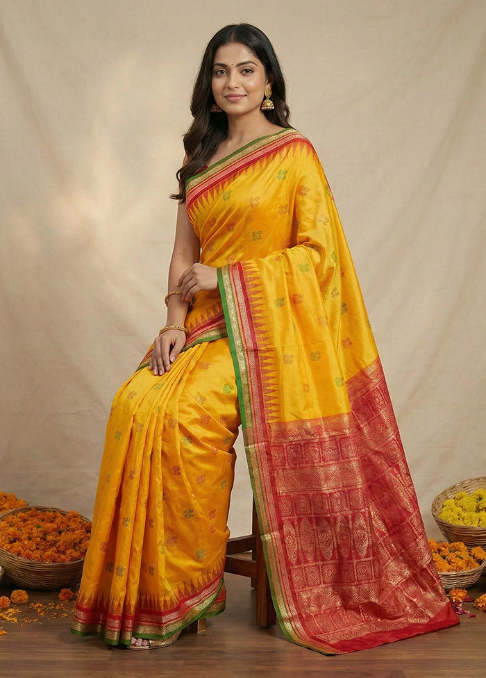 Yellow Handloom Bomkai Pure Silk Saree With Blouse Piece