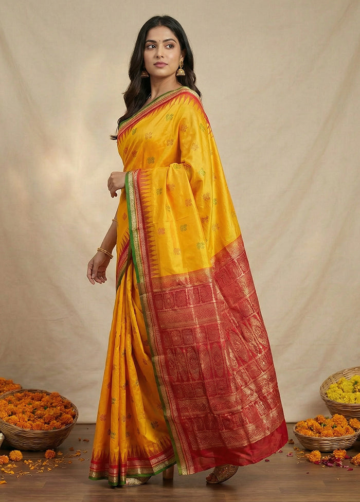 Yellow Handloom Bomkai Pure Silk Saree With Blouse Piece