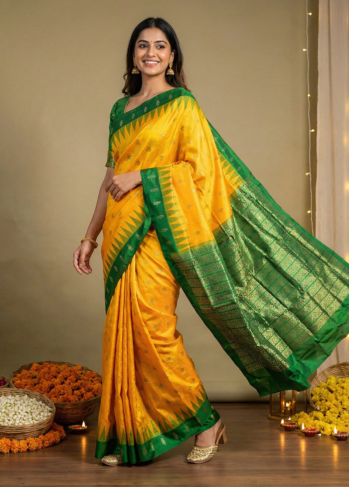 Yellow Handloom Bomkai Pure Silk Saree With Blouse Piece