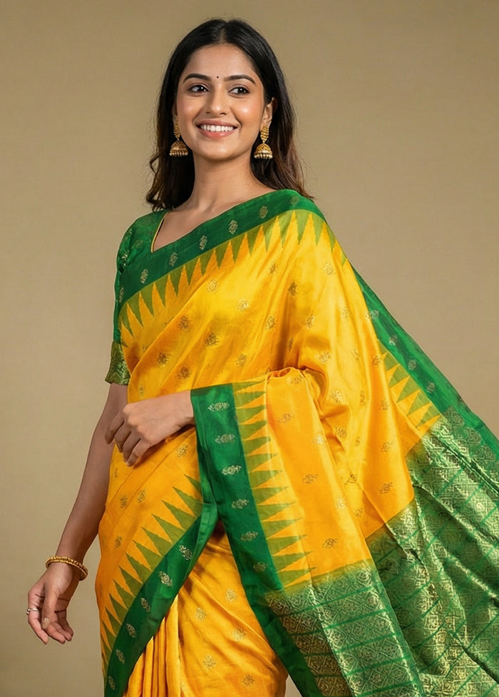 Yellow Handloom Bomkai Pure Silk Saree With Blouse Piece