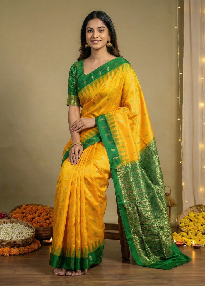 Yellow Handloom Bomkai Pure Silk Saree With Blouse Piece