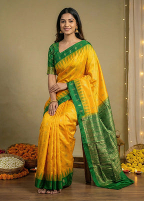 Yellow Handloom Bomkai Pure Silk Saree With Blouse Piece